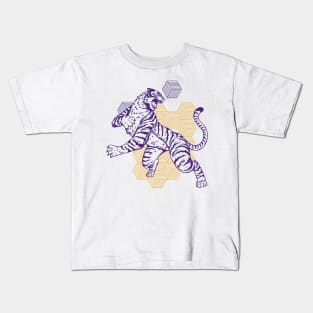 Retro Purple & Gold Tiger on the Attack // Vintage Geometric Shapes Background Kids T-Shirt